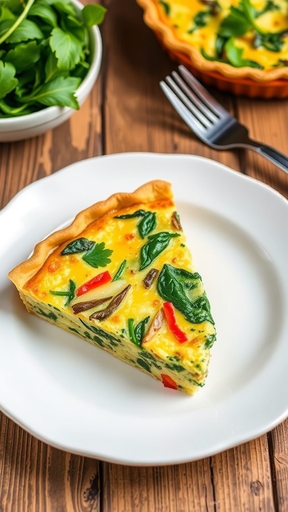 A slice of crustless vegetable quiche with spinach, bell peppers, and cheese on a plate, served with greens.